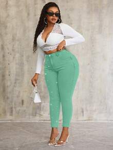 Slaydiva Plus Size Elastic Blue Denim Pants With Pearl Decor - Mint Green - View 4