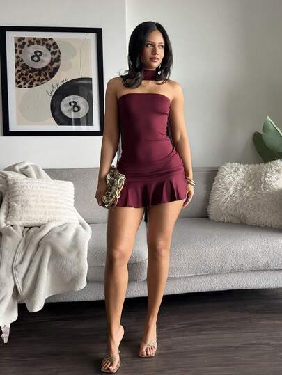 leahseptember 女士纯色缎带设计时尚吊带迷你连衣裙性感连衣裙酒红色派对礼服