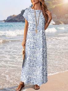 EMERY ROSE 休闲简约百搭图案女式夏季连衣裙，休闲 - 藍白色 - 查看 3