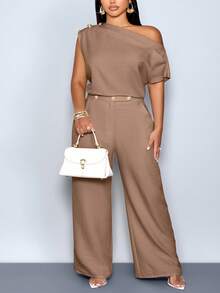 SOLERSUN Blusa de mujer talla grande de primavera/verano, elegante, con cuello asimétrico, sin mangas, con botones metálicos, ajustada, de unicolor, blusa de un hombro, blusa de un hombro, blusa para oficina, cita, noche, oficina, viaje diario, modesta - Café integral - Ver 2
