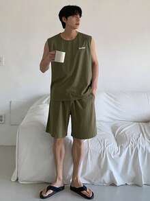 DAZY Men's Letter Print Grey Tank Top And Shorts Pajama Set, Summer - Army Green - View 3
