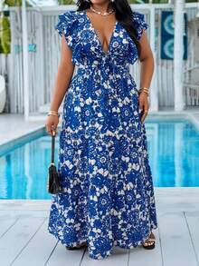Clasi Vestido de manga corta con cuello en V y estampado de bloques de color para tallas grandes - Azul y blanco - Ver 2