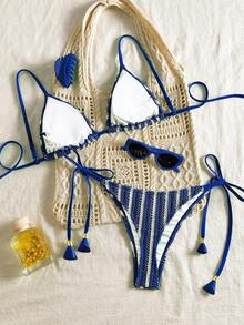 SHEIN Swim Mod 2pcs Women's Summer Vacation/Beach Outfit Hollow Texture Striped Tie Bikini Set, Suitable For St. Patrick's Day - Blue - View 2