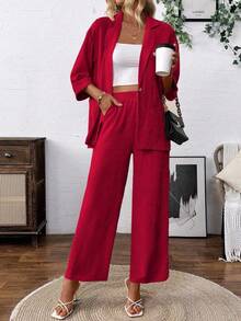 SHEIN Holidaya 女士春秋季休闲度假日常通勤纯色亚麻质感西装外套和阔腿裤套装 - 紅色 - 查看 4
