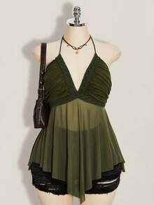 SHEIN ICON Plus Size Asymmetrical Mesh Patchwork Halter Neck Tank Top For Women - Army Green - View 1