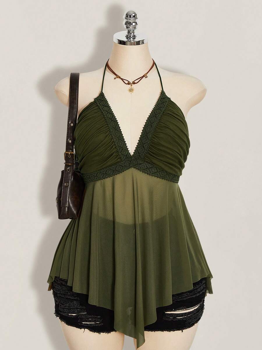 SHEIN ICON Plus Size Asymmetrical Mesh Patchwork Halter Neck Tank Top For Women - Army Green - View 1