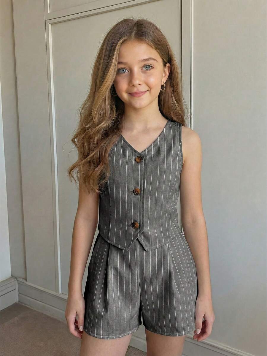SHEIN 2pcs/Set Tween Girls Casual Comfortable V-Neck Cardigan Top And Shorts Set - Grey - View 1