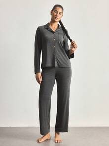 Ocili 女士宽松舒适针织领长袖睡衣套装 - 深灰色 - 查看 4