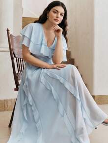 Anewsta Plus Size Women's Elegant Light Blue Layered Ruffled Dress, Suitable For Party And Festivals, Spring/Summer - Baby Blue - View 5