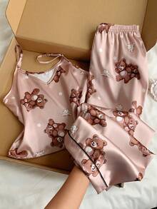 SHEIN Comfortcana 女士小熊印花吊帶背心長褲睡衣套裝 - 杏色 - 查看 3