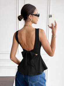 Blusa sin mangas con lazo y diseño a cuadros para vacaciones de mujer - Negro - Ver 7