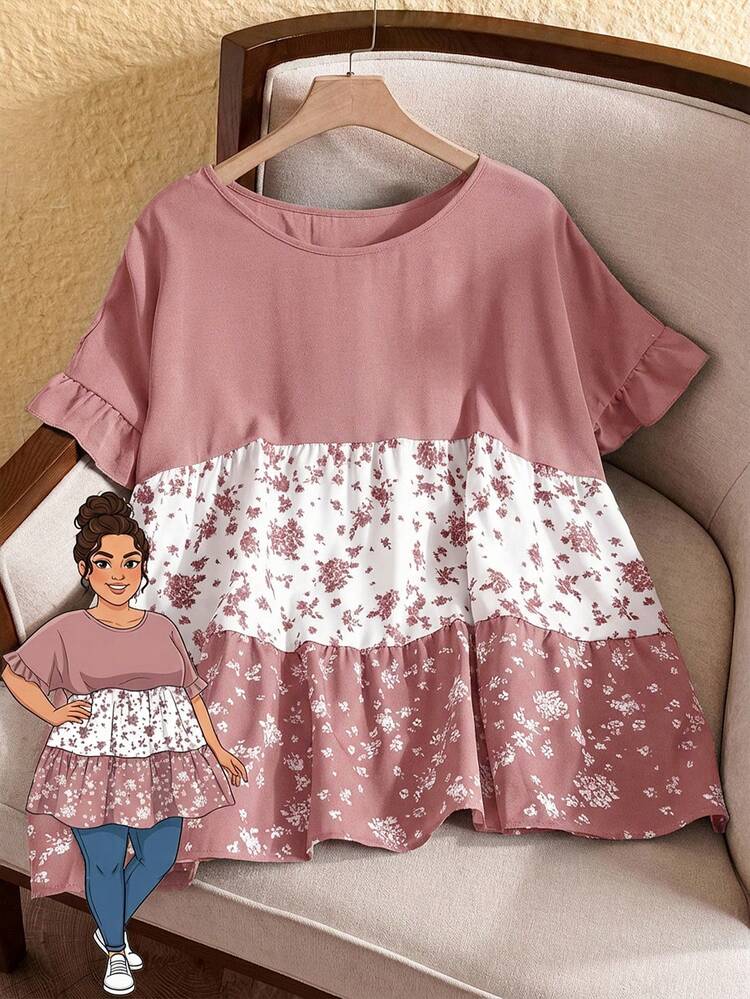 Plus Size Casual Vacation Color Block Mixed Ditsy Floral Shirt,Casual Holiday Style, Casual Holiday Outfits, Summer Fashion, Women's Summer Outfits, Mother's Day Outfits, Country Concert Outfits, Women's Boho Outfits, Women's Western Outfits, Women's Holiday Outfits, Women Summer Clothing Women Plus Clothing Business Casual Woman S Summer Clothes Women Plus Clothing Formal