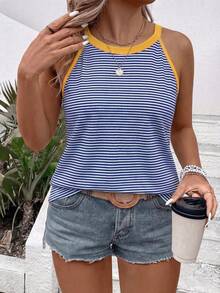 EMERY ROSE Women's Round Neck Sleeveless Popular Blue & White Striped Printed Contrast Yellow Pattern Plus Size Camisole & Tank Top - Multicolor - View 5