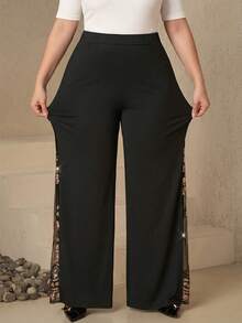 SHEIN PETITE CURVE CURVE 大尺碼女款小個子黑色優雅高腰寬腿褲，蕾絲透視拼接側開衩，秋季辦公儀式派對休閒褲 - 黑色 - 查看 4