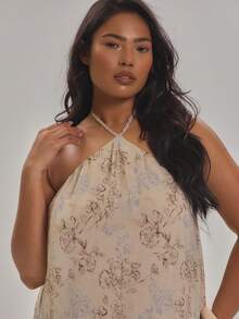 MUSERA Plus Size Floral Print Chiffon Halterneck Loose Fit Maxi Dress Spring Summer Elegant Holiday Vacation Beach Late Checkout - Multicolor - View 5
