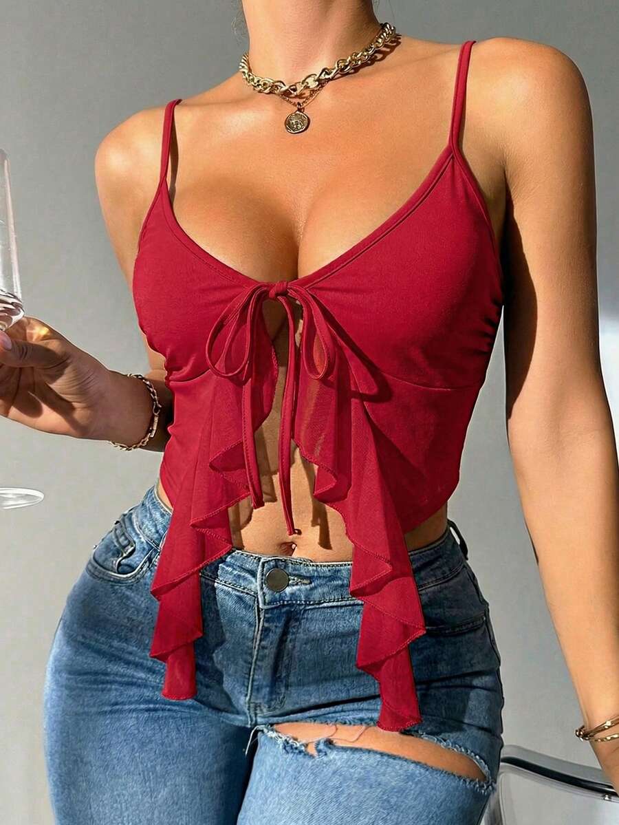 Glamine 女士荷叶边网纱拼接系带吊带背心 - 紅色 - 查看 1