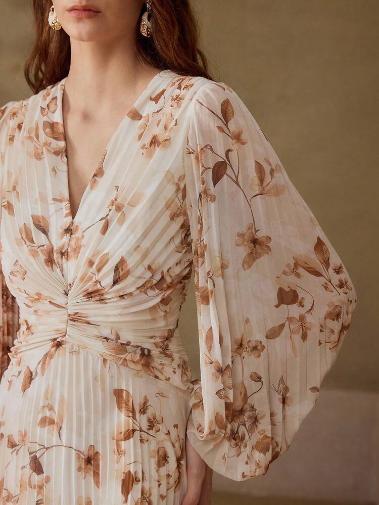 WOMEN'S LONG SLEEVE PLEATED ROMANTIC ELEGANT PRINTED LONG DRESS, SPRING/SUMMER
