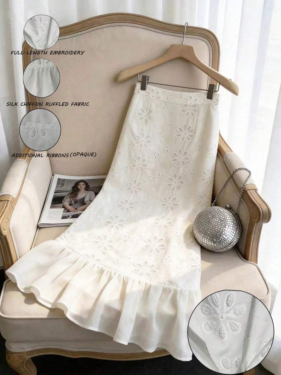 GlowEve 刺绣面料圆领无袖褶皱雪纺半身裙，优雅浪漫度假裙（带衬里），适合女性，白色，夏季 - 杏色 - 查看 1