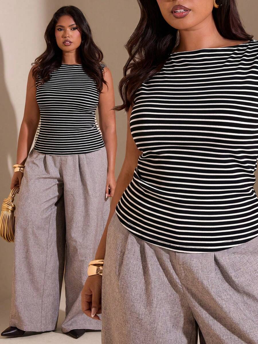 SHEIN BAE Plus Size Summer Casual Striped Round Neck Cinched Waist Tank Top - Black and White - View 1