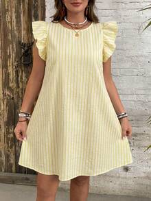 SHEIN VCAY Plus Size Casual Striped Pattern Flutter Sleeve Dress - Light Yellow - View 6