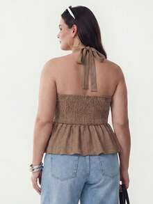 Solavibe Plus Size Women's Brown Boho Summer Vacation Hollow Eyelet Embroidery Halter Neck Peplum Top, Deep V Neck Ruffle Hem Sleeveless Blouse, Curve Outfits - Brown - View 4