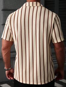 SLATEMANN Men's Beige Summer Casual Striped Shirt,Button-Down Short Sleeve Textured Shirt For Vacation Holiday,Versatile Fashion Business Commuting Clothing - Multicolor - View 2