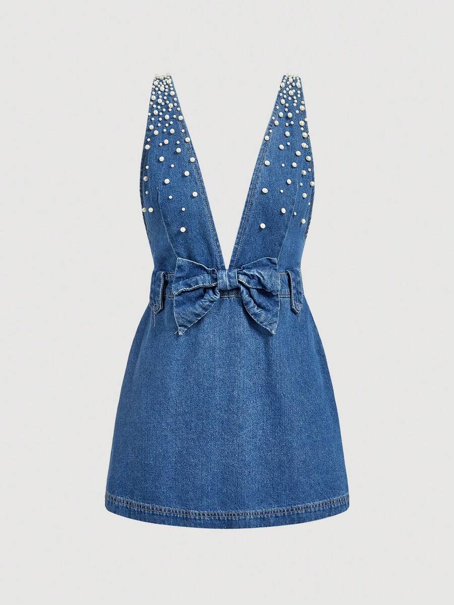 Sweetra Vestido de mezclilla con lazo y perlas de estilo retro para mujer - Azul lavado medio - Ver 1