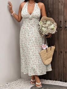 Sunnyshic Elegant Floral Halter Tie Waist Maxi Dress, Backless Beach Vacation Vacation Style, Ditsy Floral, Slimming, Plus Size For Women, Summer Mint Green - Multicolor - View 5