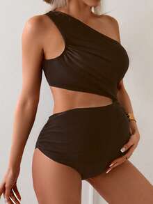 SHEIN 2026SS New Women's Swimwear Arrival For Holiday, Date, Western, Cruise, Beach, Island, Road Trip, All Seasons, Music Festival, Boho Vacation,Bohemian Vacation, Chill Autumn Boho Y2K Elegant Vintage Casual Maternity Casual One-Piece Swimsuit One Shoulder Swimsuit One Piece Swimsuit Women Brown Swimming Costume One Piece Maternity Swimsuit Cut Out Swimsuit - Brown - View 4
