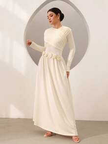 Graceveil 法式优雅花卉针织荷叶边修身喇叭长袖连衣裙，显瘦又优雅 - 淡黃色 - 查看 7