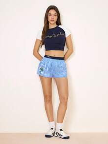 SHEIN X The Smurfs 女士百搭格子休闲短裤 - 藍色 - 查看 6