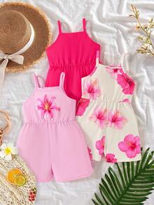 SHEIN Elladie kids 3件組少女夏季新款花卉滿版印花純色連身褲，簡約百搭時尚度假風連身衣 - 玫紅色 - 查看 6