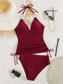 Swim Chiccia Áo tankini nữ màu đen kim loại, cổ chữ V, có dây rút, kiểu dáng thời trang và thanh lịch, thích hợp cho các lễ hội âm nhạc bãi biển, mùa xuân/hè. - Màu Đỏ Sâu - Xem 4