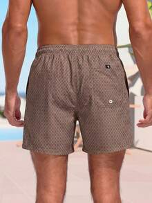 CoralVoy Men's Summer Beach Vacation Style All-Over Letter Print Drawstring Waist Slant Pocket Beach Shorts, Holiday - Brown - View 2