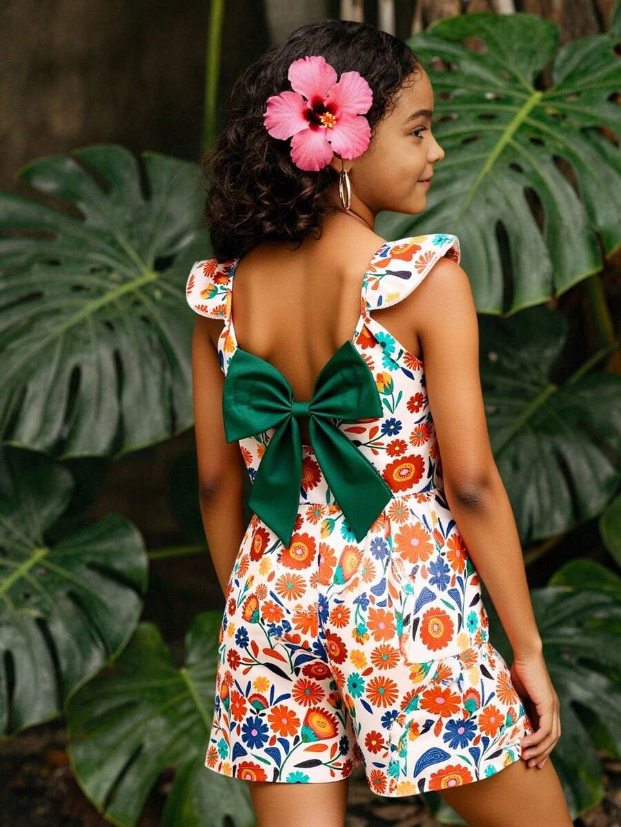 Girls' Tropical Plant Print Romper With Fluttering Sleeves, Bow Back Design And Floral Hem Details, Loose Fit For Carefree Summer Vacation Style