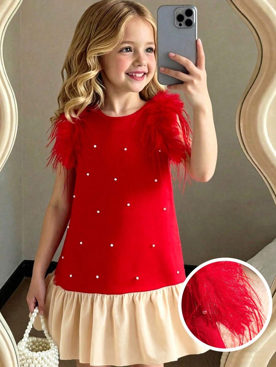 SHEIN Summer Dress Young Girl Summer Elegant Pearl & Fluffy Decor Sleeveless Contrast Color Ruffle Hem Princess Dress Young Girl Dresses Kids Clothes Girls Dresses Red Dress Casual Dress For Kids Summer Outfits Squishy Dress Summer Outfits Squishy Dress Summer Dress - Red - View 1