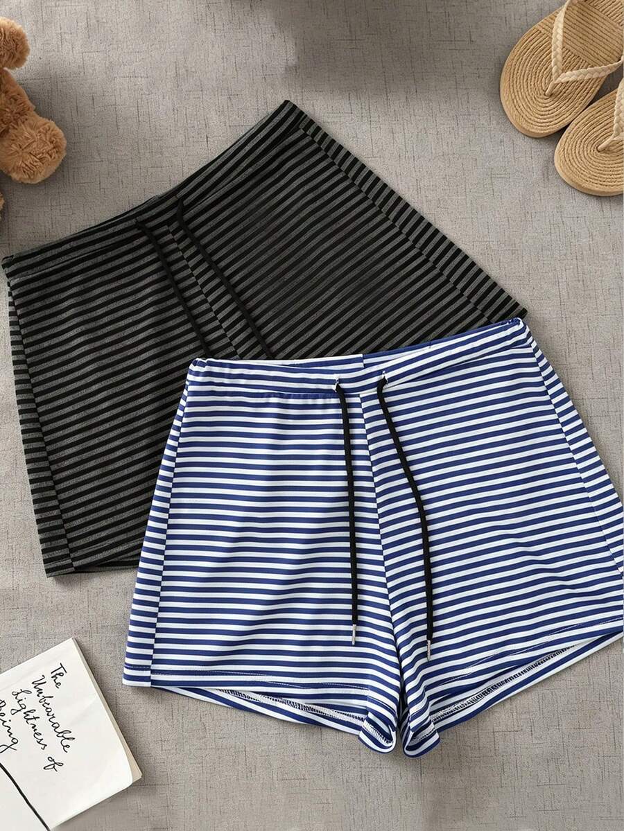Resyla 2pcs/Set Celana Pendek Kasual Slimming Bergaris dengan Tali Serut Baru - MultiWarna - View 1