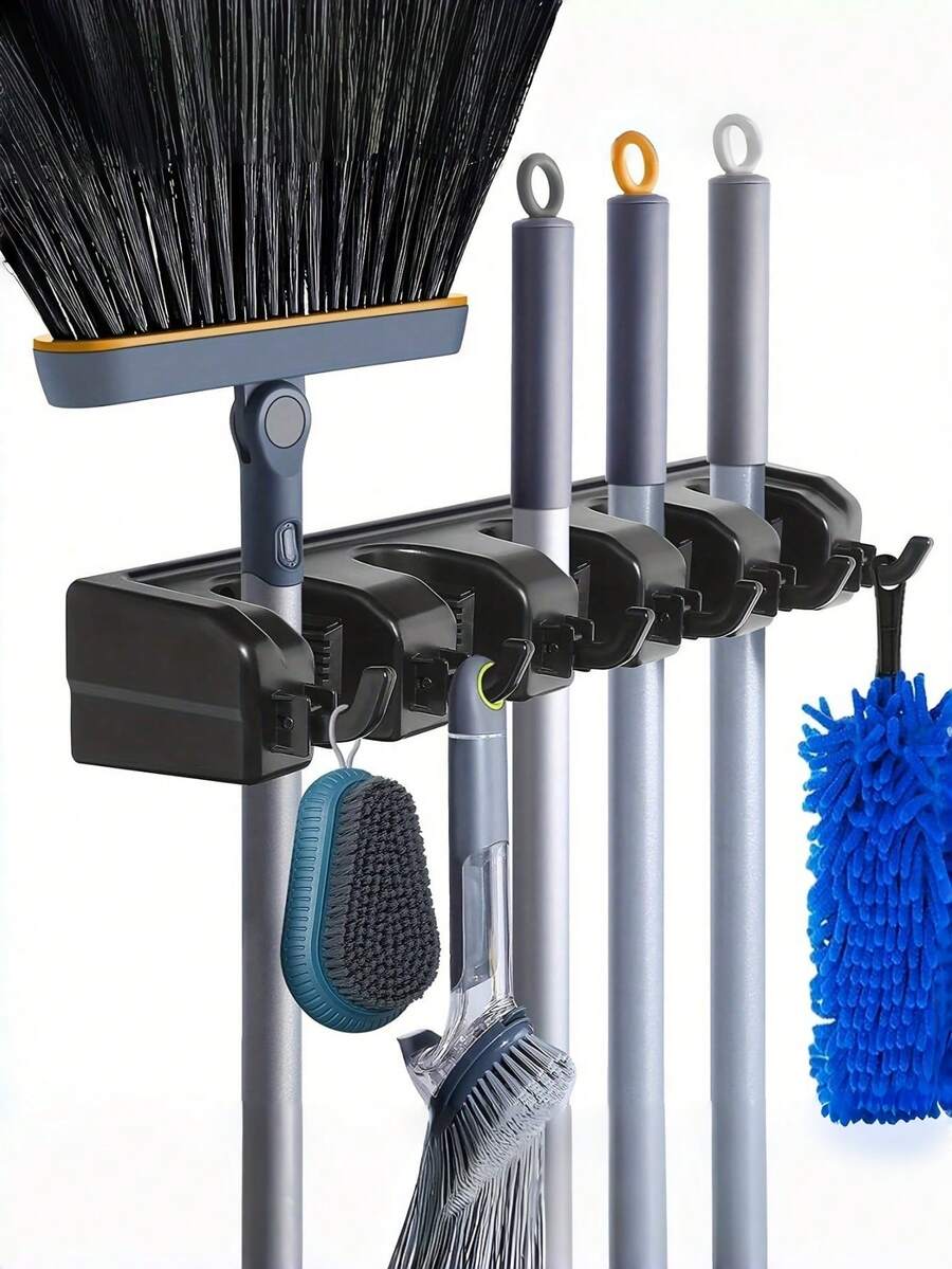 Wall Mounted Mop Holder 5 Position Heavy Duty Broom Hanger, Multi-Functional Plastic Wall Organizer With Secure Grip Clips & Sliding Hooks, Space Saving Cleaning Tool Storage Rack For Bathroom Laundry Garage Entryway, All Mount Hardware Included - Multicolor - View 1