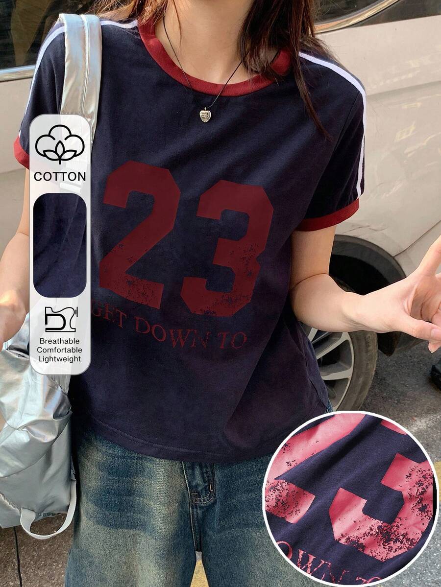 DAZY 女款對比色字母膠帶裝飾修身休閒街頭風運動短袖T恤校園風 - 藏蓝色 - 查看 1