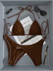 SHEIN Swim Vcay Women's Swimsuit Set, Fashionable Polka Dot Print Trim, Backless, Spaghetti Strap, Drawstring, Triangle Swim Shorts, Beach, Casual - Brown - View 1