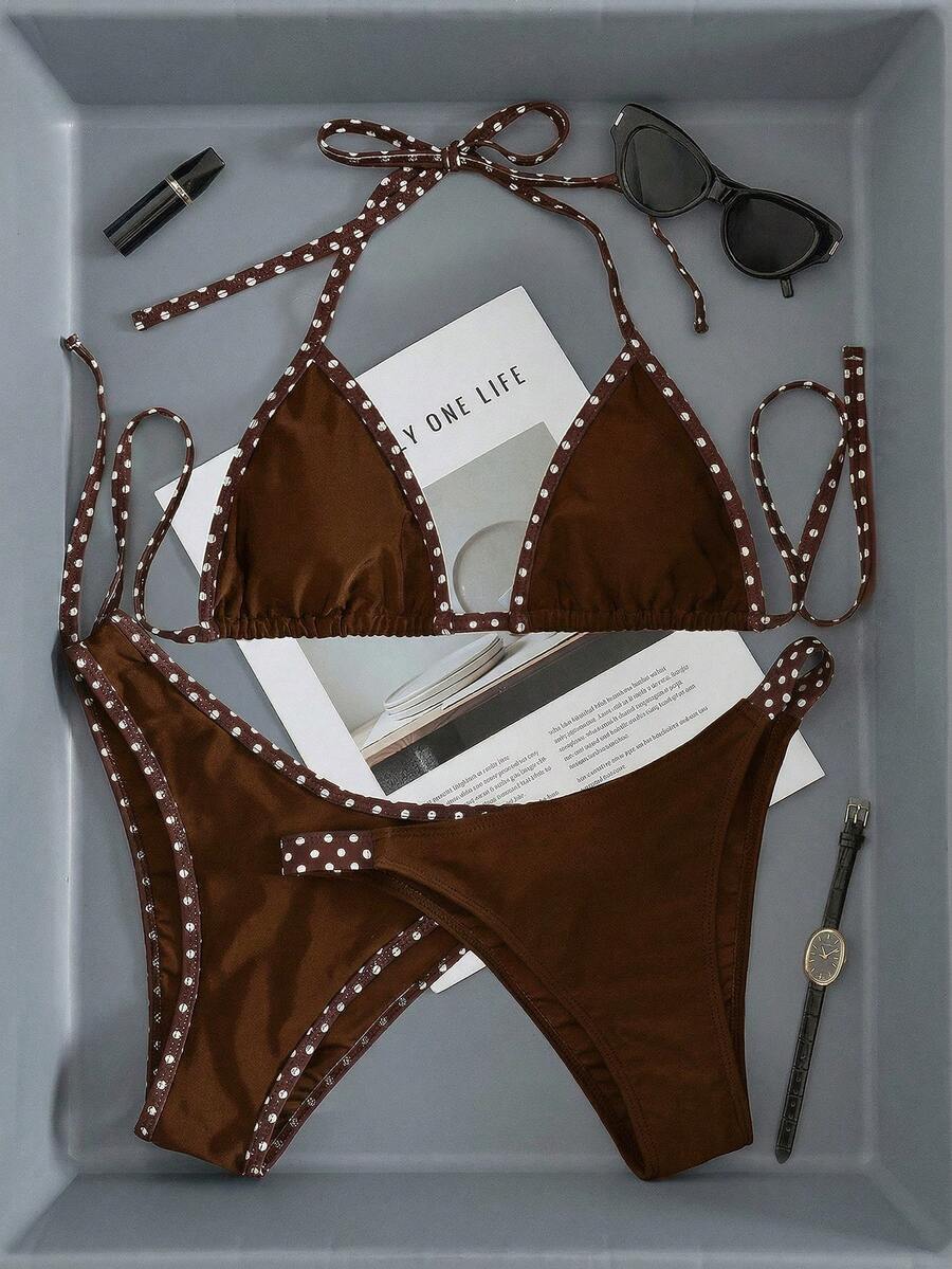 SHEIN Swim Vcay Women's Swimsuit Set, Fashionable Polka Dot Print Trim, Backless, Spaghetti Strap, Drawstring, Triangle Swim Shorts, Beach, Casual - Brown - View 1