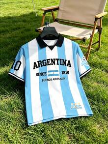 Aesthetic Post Camiseta deportiva retro de hombre con rayas verticales azules y blancas, contraste de color con estampado de letras argentinas e inglesas, camisa casual de moda, camiseta gráfica de hombre, camiseta gráfica de mujer, top deportivo de verano de hombre, ropa de fútbol/fútbol - Verde - Ver 8