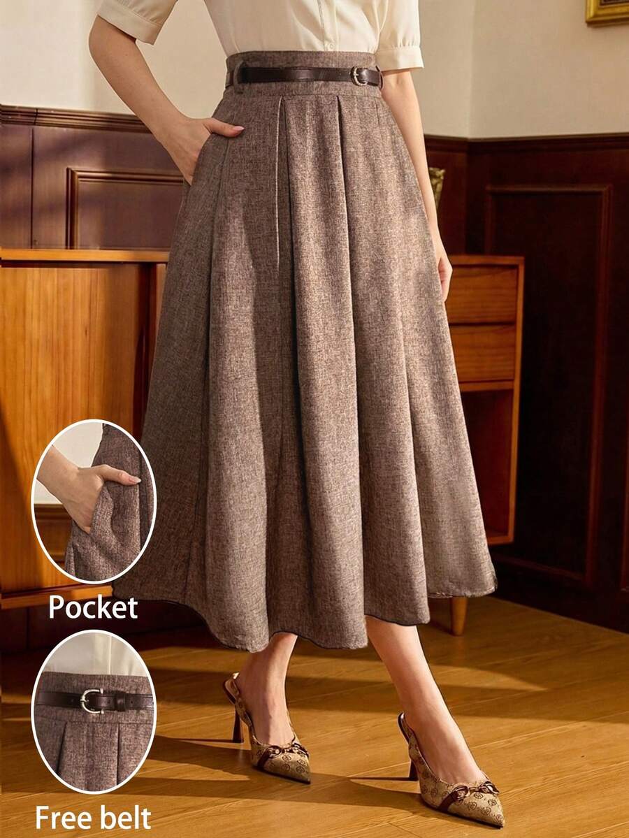 Vintamour Chân váy nữ cổ điển thanh lịch, kiểu dáng mùa xuân/hè, dáng xòe rộng, có thắt lưng và túi, màu nâu cà phê. - Cà phê nâu - Xem 1