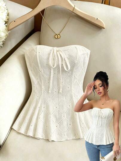 Elenzga New Spicy French Style White Cropped Camisole, Bowknot Tie-Up Design, Elastic Jacquard Fabric, Fitted Slim Fit Crop Top