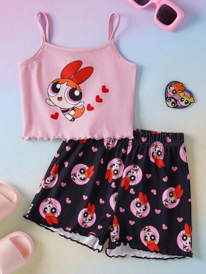 THE POWERPUFF GIRLS X SHEIN Minimalist Camisole And Casual Shorts Pajama Set For Young Girls