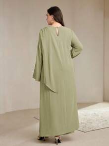 Veilorie Plus Size Solid Color Round Neck Long Sleeve Decorative Ring Casual Elegant Loose 2 Pieces Set Formal Wedding Bride Sage Green Autumn Fall - Green - View 2
