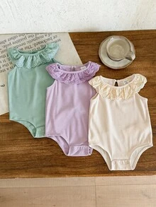 Bộ 3 món áo liền quần dệt kim bèo nhún dễ thương cho bé gái sơ sinh, mùa hè. - Màu tím hoa cà - Xem 4