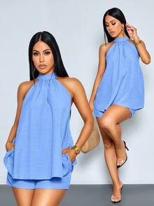 SOLERSUN 性感优雅的休闲沙滩度假两件套，薄荷绿露背吊带上衣，下摆不规则设计，搭配同色系短裤。约会和派对的完美之选。春夏女装，复古富贵风。 - 淺藍色 - 查看 1