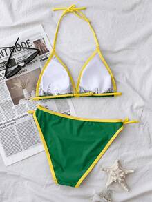 SHEIN 少女纯色简约海军蓝白撞色吊带比基尼套装，休闲沙滩度假装，夏季新款绿色黄色比基尼泳衣，青少年两件式比基尼套装，少女比基尼套装，少女泳装，两件式夏季套装，两件式泳衣 - 墨綠色 - 查看 2