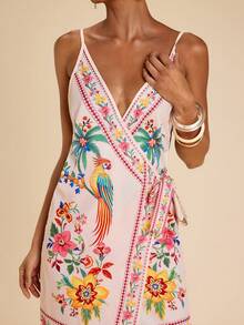 Travachic Women's Floral & Bird Print Casual Vacation Mini Slip Dress Summer Dress  Holiday Outfits Office Outfits For Women - Multicolor - View 2
